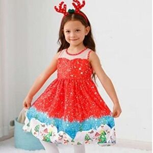 Girls Christmas Dress Reindeer Headband Christmas Holiday Party Outfit Set‎ 2t